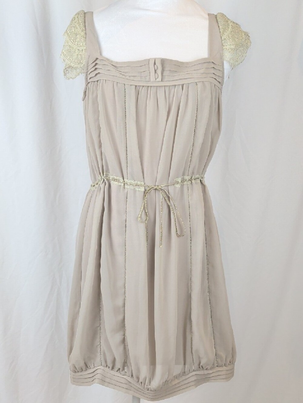 Supertrash Dalara Sage Green Chiffon Dress Lace Cap Sleeves - M